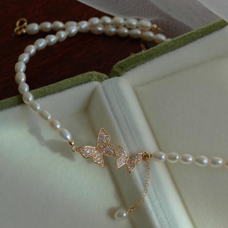 High quality freshwater pearl choker neck chain natural strong light natural pearl double butterfly fringe pendant necklace