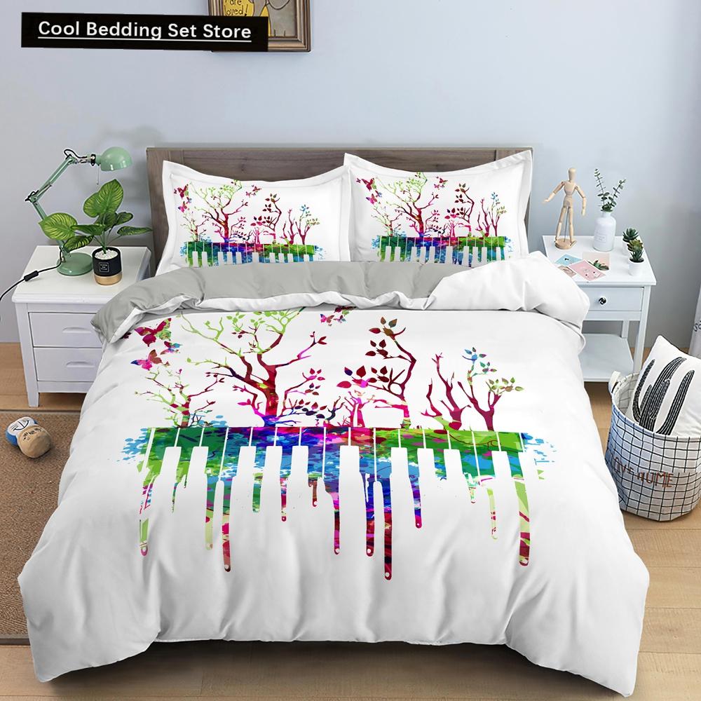 Piano Music King Queen Duvet Cover Musical Notes Bedding Set For Kids Teens Girls Black And White Piano Keys 2/3Pcs Quilt Cover