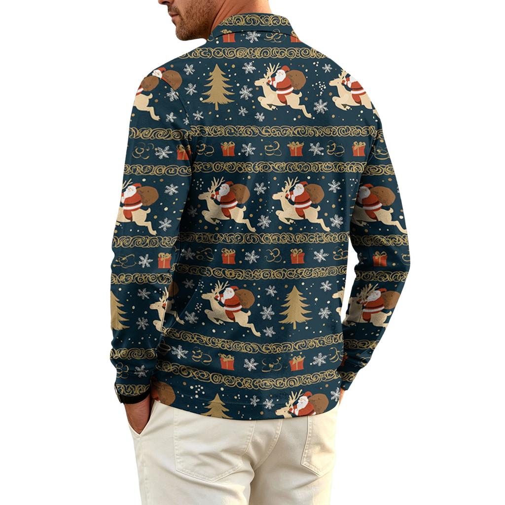 Men's Golf Shirt Long Sleeve Casual Christmas Print Quick-Dry Mesh Top