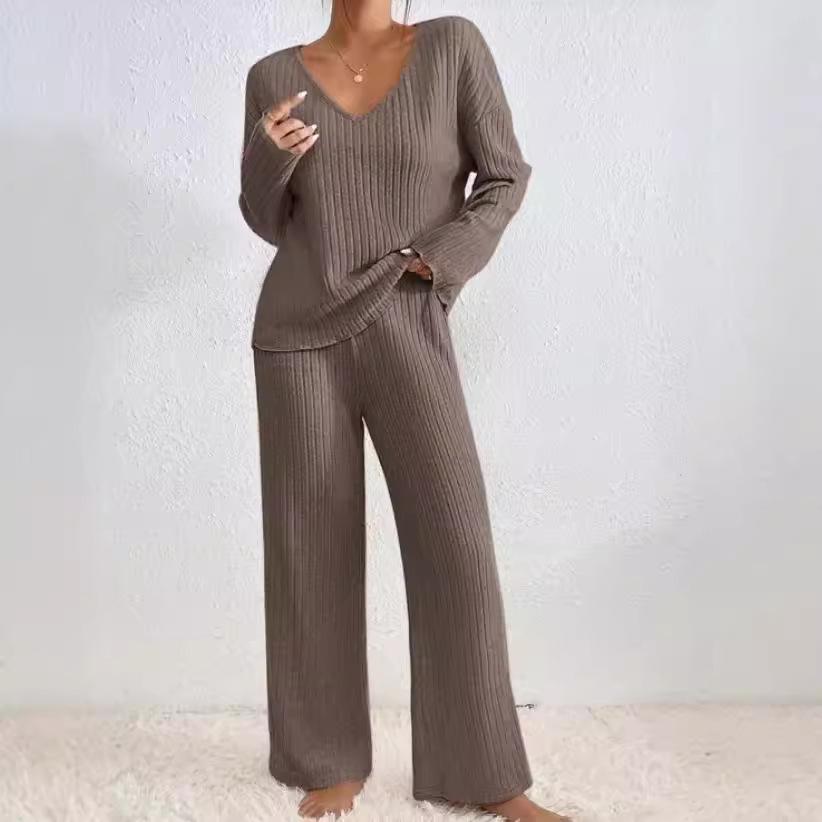 2025 Autumn/Winter Hot Selling Ribbed V-Neck Long Sleeve Brushed Casual Set for Women