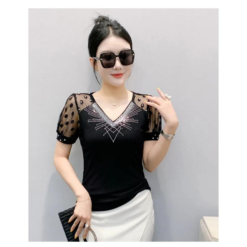 Summer V Neck Short Sleeved Women's T Shirt Fashion Sexy Diamond Mesh Tees Lace