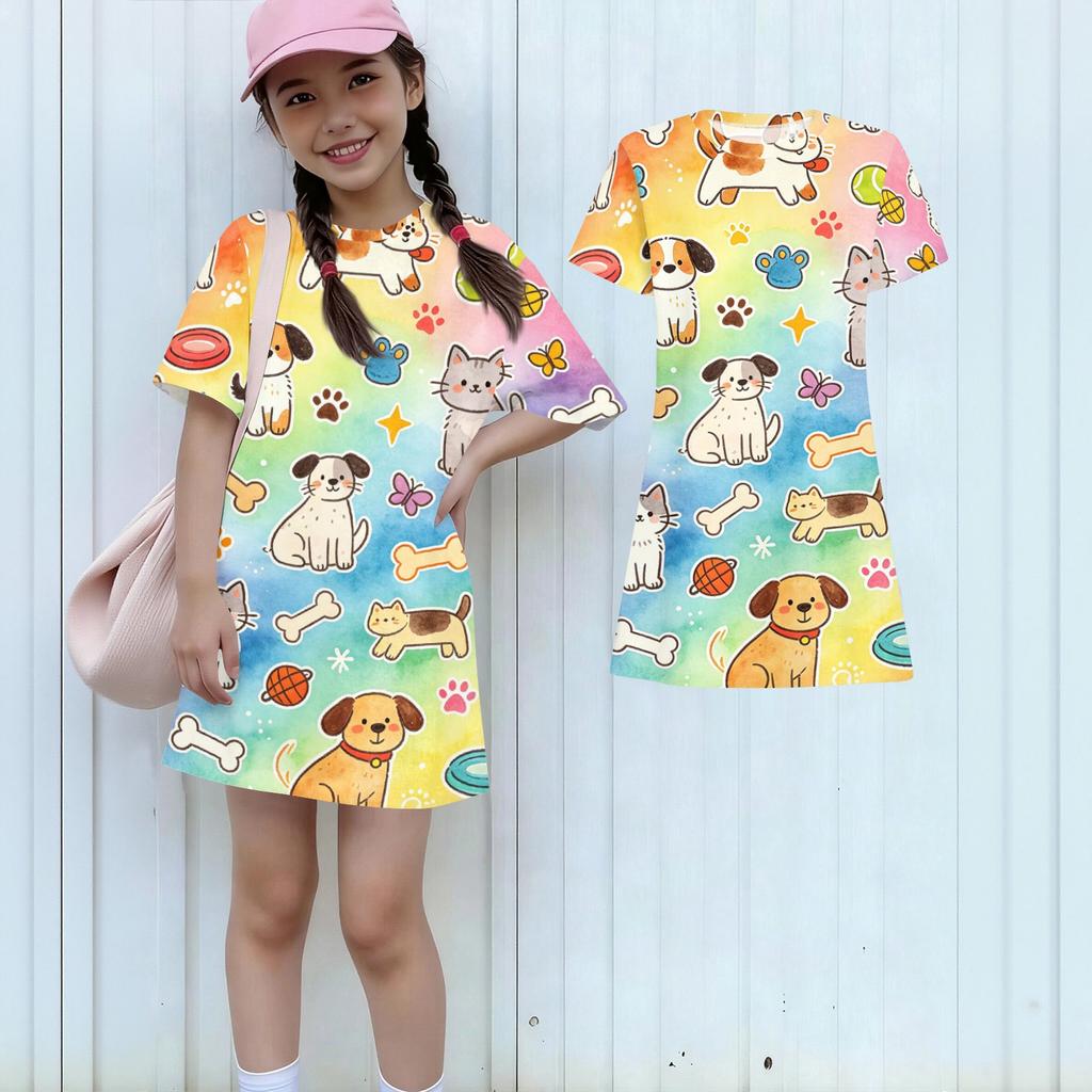 Girls Animal Print Dress Short Sleeve Loose Fit Round Neck Lightweight Casual Dress for Kids Summer Wear
