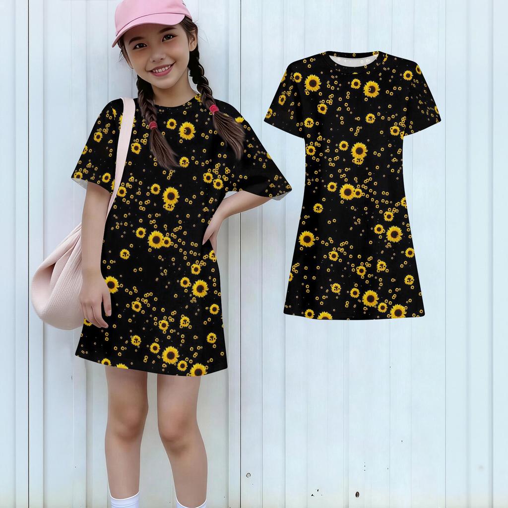 Girls Print Casual Dress Kids Loose Round Neck Short Sleeve Thin Sundress