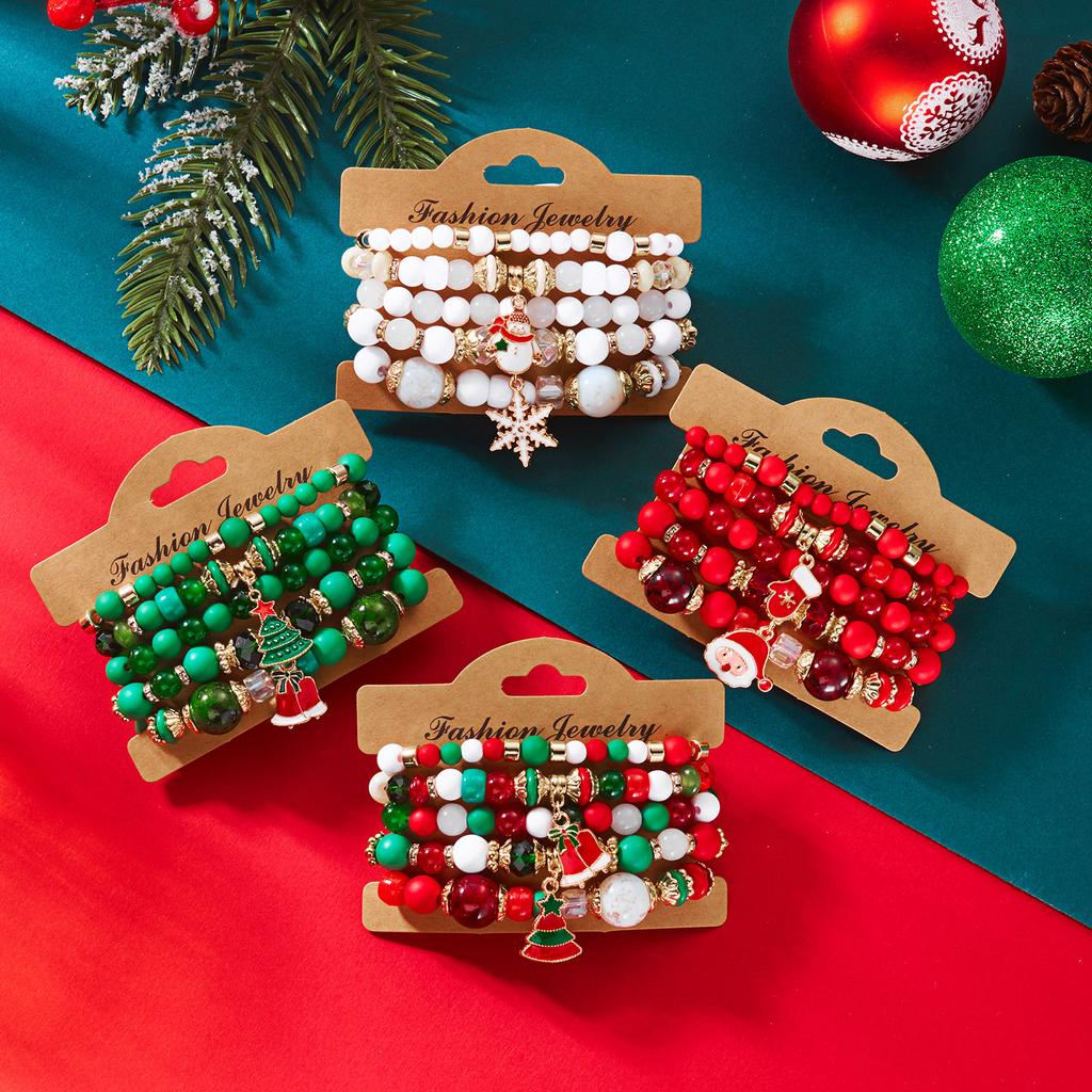 4Pcs/Set Christmas Colorful Crystal Beaded Bracelets Santa Claus Xmas Tree Bell Snowflake Pendant Bangle New Year Gift