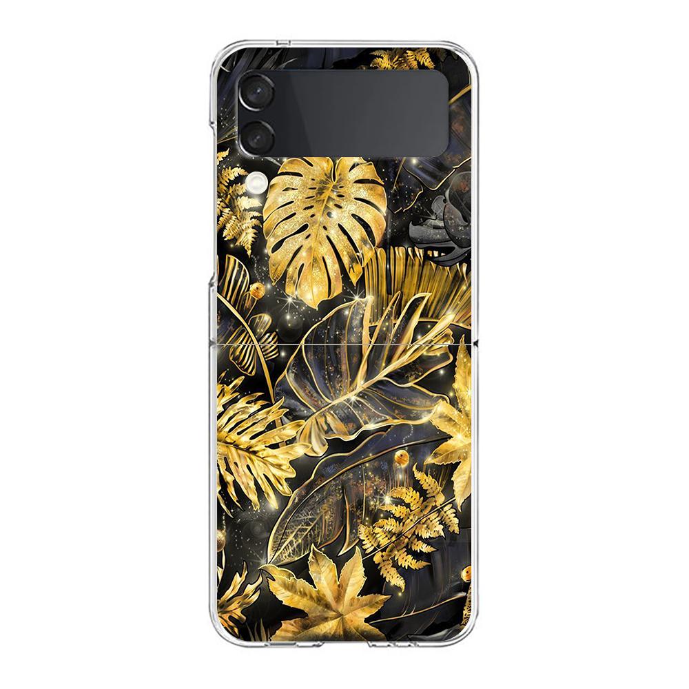 Gold Foil Art Hard PC Phone Case For Samsung Galaxy Z Flip 5 4 3 Transparent Cover For Galaxy Z Flip 6 Foldable Shockproof Cases