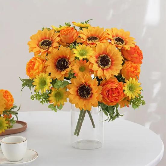 Artificial Sunflower Stem Realistic Fake Silk Sunflower Peony Wildflower Bouquet for Bridal Bouquets Wedding Centerpieces Home Party Table Vase Decor