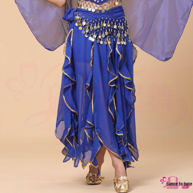 

Взрослая шифоновая юбка для танца живота с золотой отделкой - индийский танцевальный костюм, восьмиклинная волнистая юбка One Size (Suitable for 90-140 lbs)