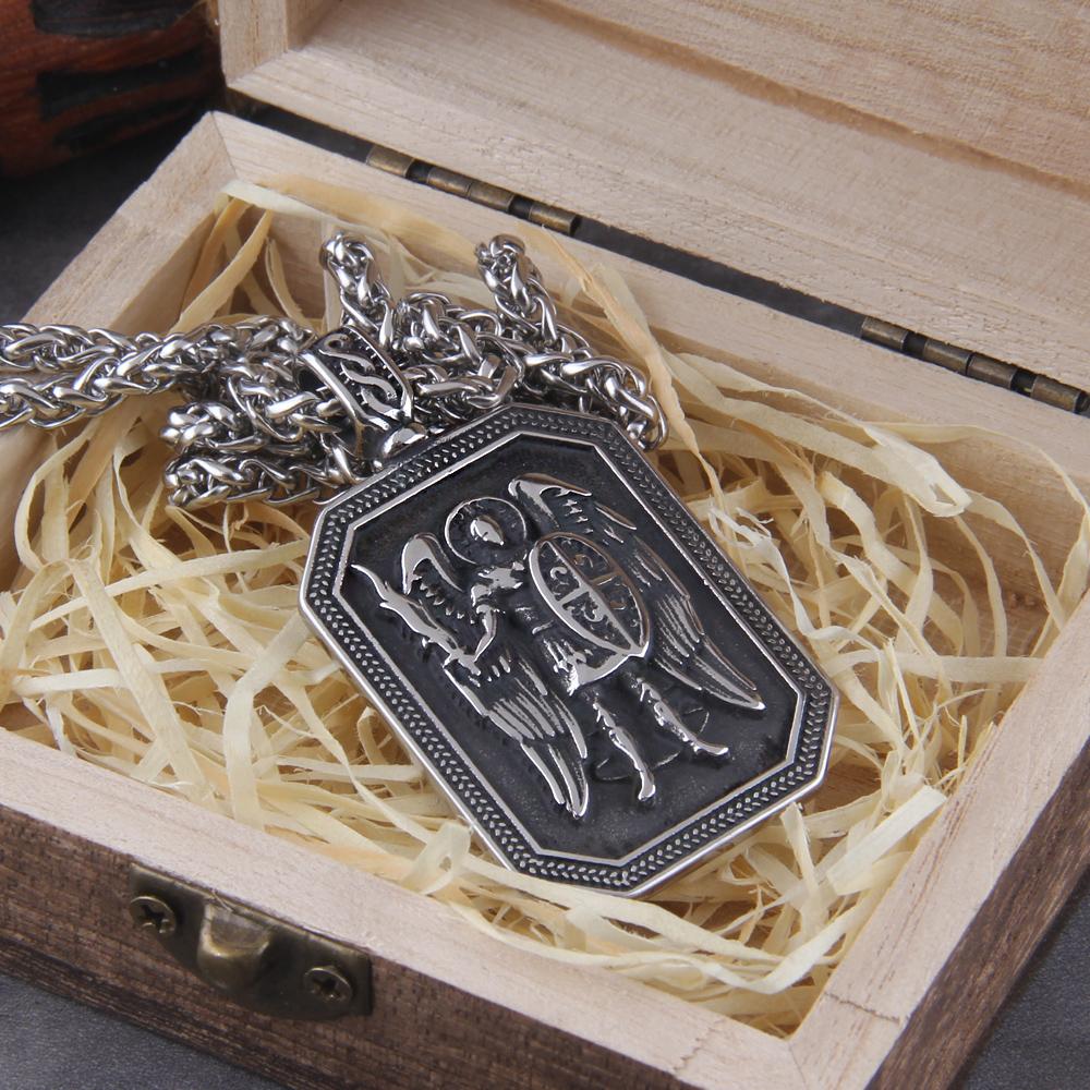 Archangel Michael Cross Shield Prayer Tag Titanium Stainless Steel Pendant Men's Amulet Necklace Jewelry Gift Wholesale with Box