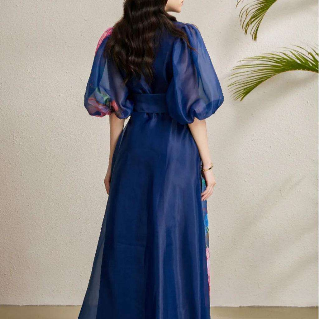 Women's Turn Down Collar Short Sleeve Maxi Dress Slim Fit Mid Waist Elegant Floral Print Shirt Dress