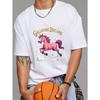 Cotton T-Shirt White Galloping Dreams Pink Horse with Stars and Clouds Graphic Print Casual Wear for Men and Women