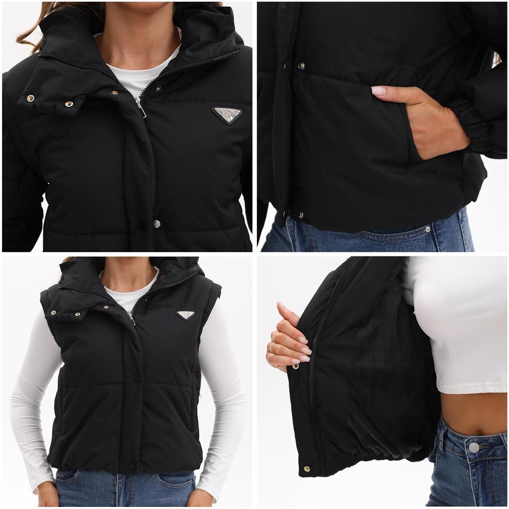 Chaquetas Acolchadas de Mujer Mangas Desmontables Convertibles en Chaleco Abrigo Corto Engrosado Ropa Exterior de Moda Conjunto Cálido de Invierno