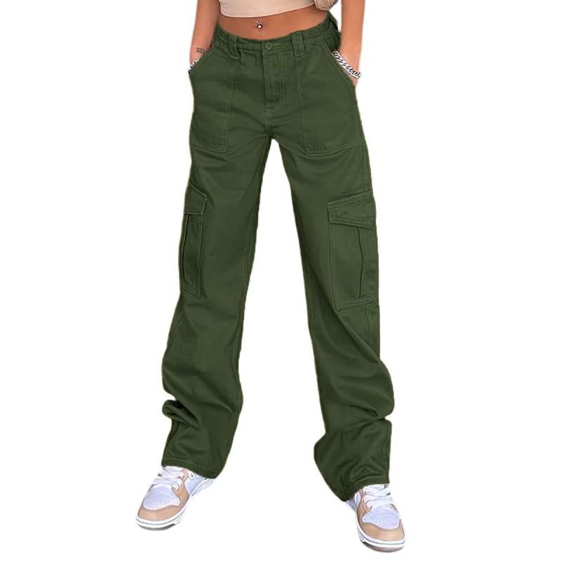 Womens High-Waisted Straight Leg Cargo Pants With Multiple Pockets Cotton Denim Workwear
