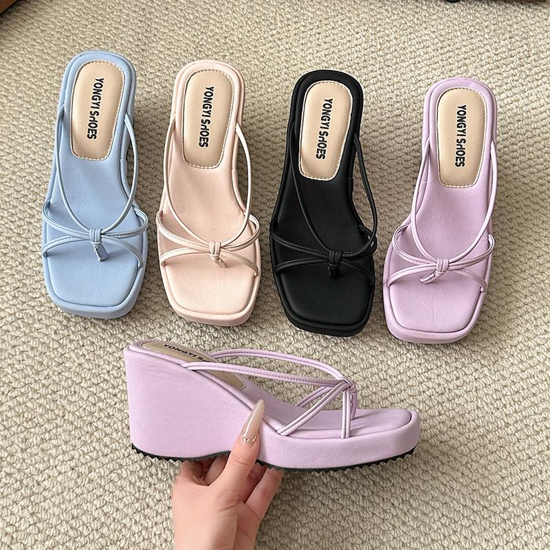 Designer Summer Women Wedges Heel Clip Toe Slippers Concise Narrow Band Slide Ladies Outdoor Party Dress Sandalias