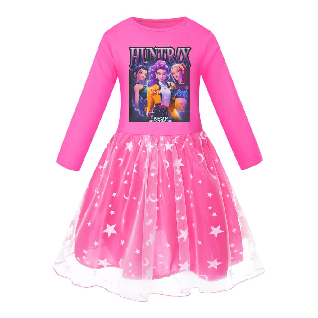 Mädchen Sternenmuster Rock Rundhals Langarm Buntes Spitzen-Patchwork Kleid