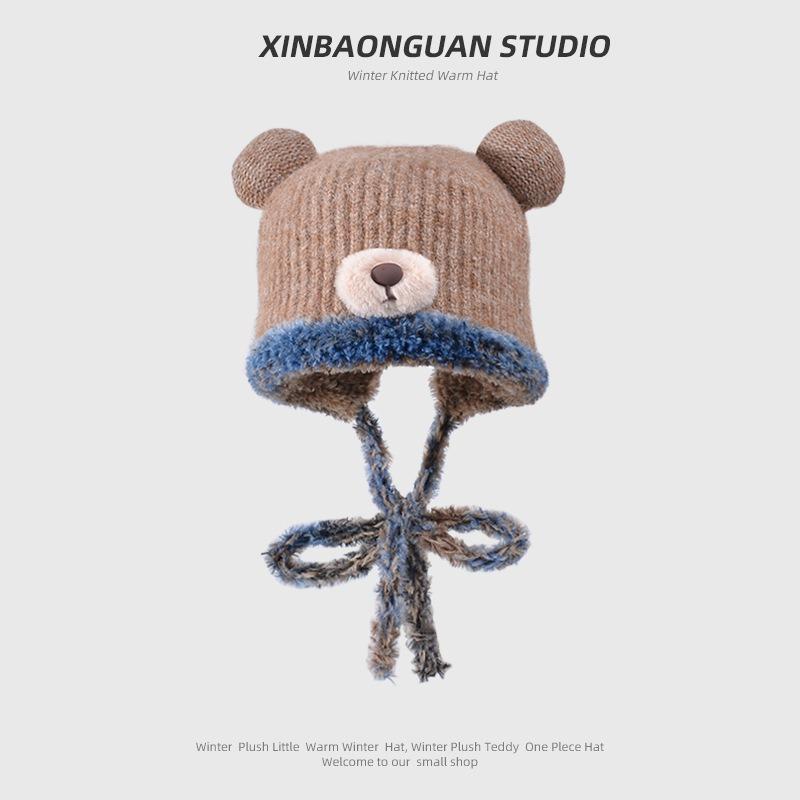 Cute bear plush hat women's winter plush warm wool hat cold protection ear protection face small bag head knitted hat