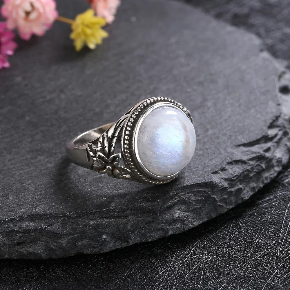 Newest Retro Flower S Silver Natural Moonstone Rings for Women Zircon Fine Party Wedding Birthday Gift