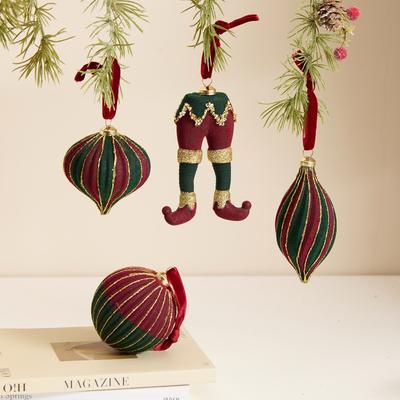 Christmas Flocked Ornaments - Handmade Red & Green Vintage Christmas Balls for Tree Hanging Retro Holiday Decorations