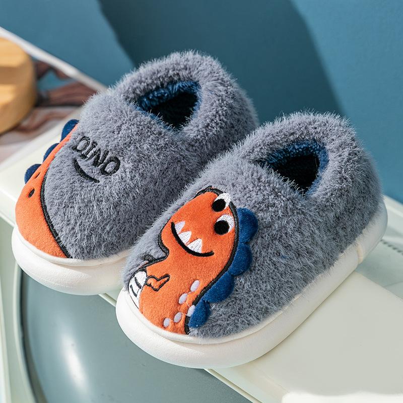 

Kids Cartoon Dinosaur Embroidery Plush Slippers Soft Sole Non-slip Winter Warm Boys Girls Indoor Home Heel Wrap Cotton Shoes 22-23 серый