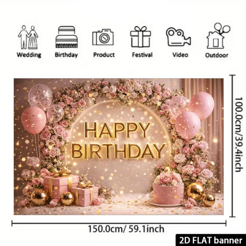 2D Rose Gold Floral Birthday Backdrop Pink Arch & Balloons Background for All Ages