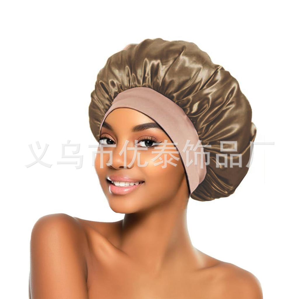 Solid color wide edge high elastic adult nightcap men's and women's fashion hair care beauty shower cap satin