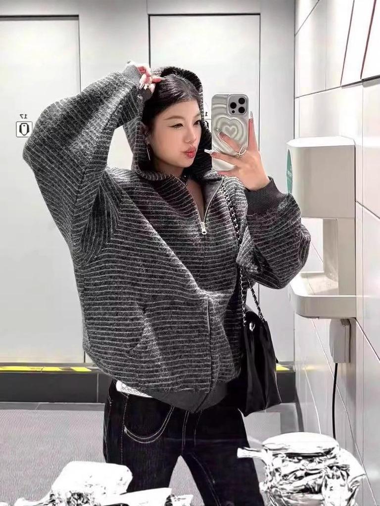 Women's Retro Striped Cardigan Hoodie - Long Sleeve, Spring/Autumn 2025 Collection