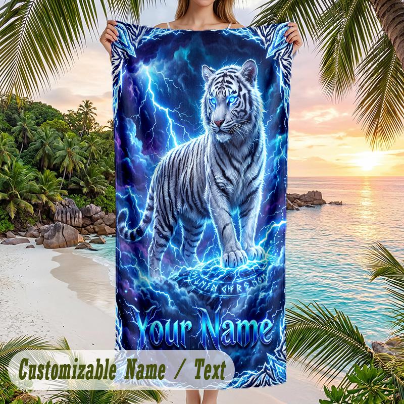 Lion Tiger Theme Beach Towel Personalized Custom Name & Text Soft Quick Dry Beach Towel for Swimming Travel