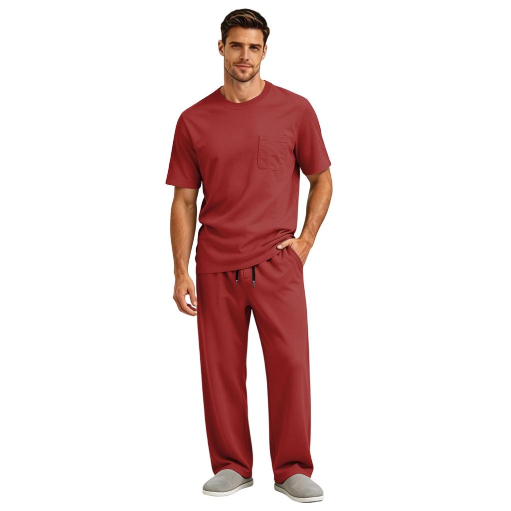 Men's Short Sleeve Pajama Set with Button Crotch and Elastic Waist Drawstring Pants for Sleepwear