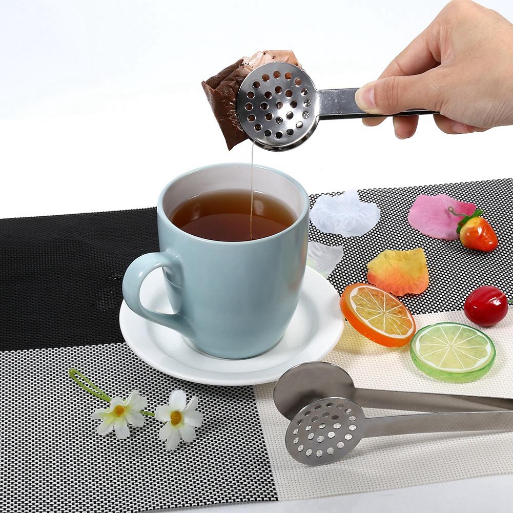 2pcs Kitchen Craft Tool Stainless Steel Round Tea Bag Tongs Squeezer Holder Grip