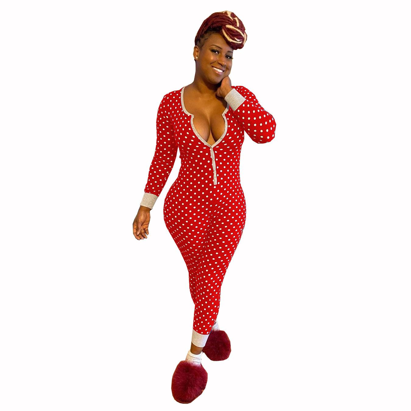 

Women s Christmas Polka Dot Long Sleeve Jumpsuit Pajamas Medium красный