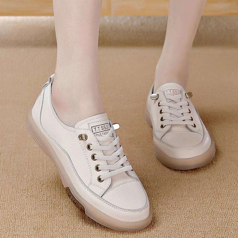 Women Genuine Leather Student Casual Sneaker Ladies Non-Slip Jooging Flats Walking Shoes Fashion Summer Breathable Running Shoes