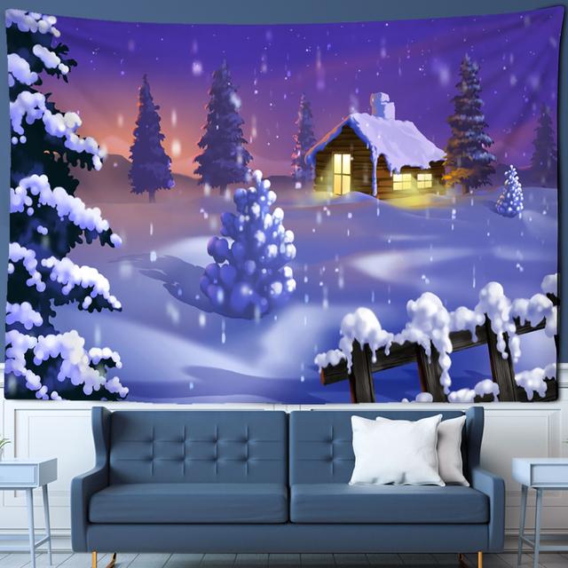Lce and Snow Christmas Tree Tapestry Psychedelic Forest Hut Wall Hanging Natural Style Holiday Gifts Home Decor