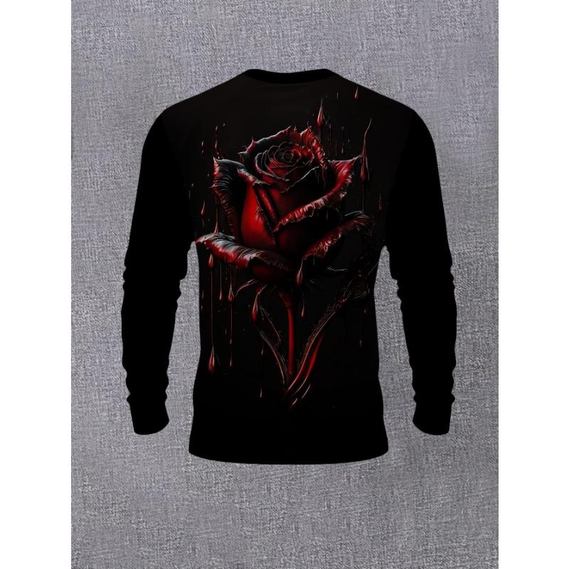 Trendy Men's Round Neck Long Sleeve Top Dark Rose Print Fashion Casual Base Shirt New Autumn Winter Youth Handsome Versatile T-Shirt