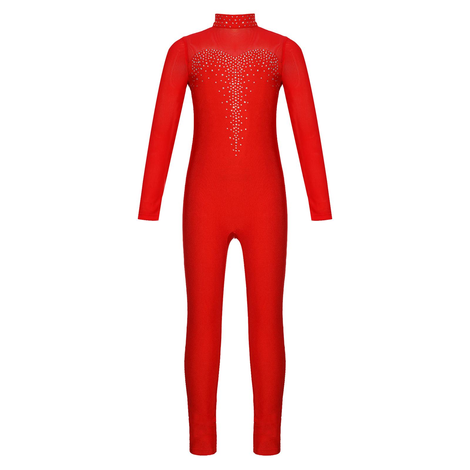 Inlzdz Meisjes Kunstschaatsen Unitard Glanzende Strass Jumpsuit Transparant Mesh Lange Mouw 13-14 Years rood