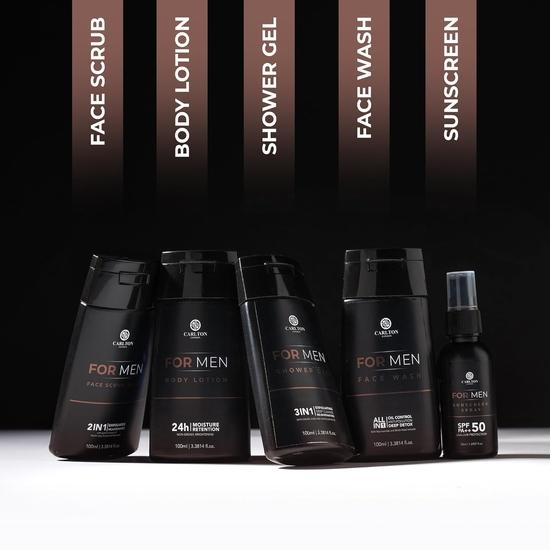 Carlton London Men Gift Set 5 - Facewash Reduce Dullness, Body Lotion Long Lasting Moisture, Showergel Super Hydrating, Sunscreen Spray UAV Protection
