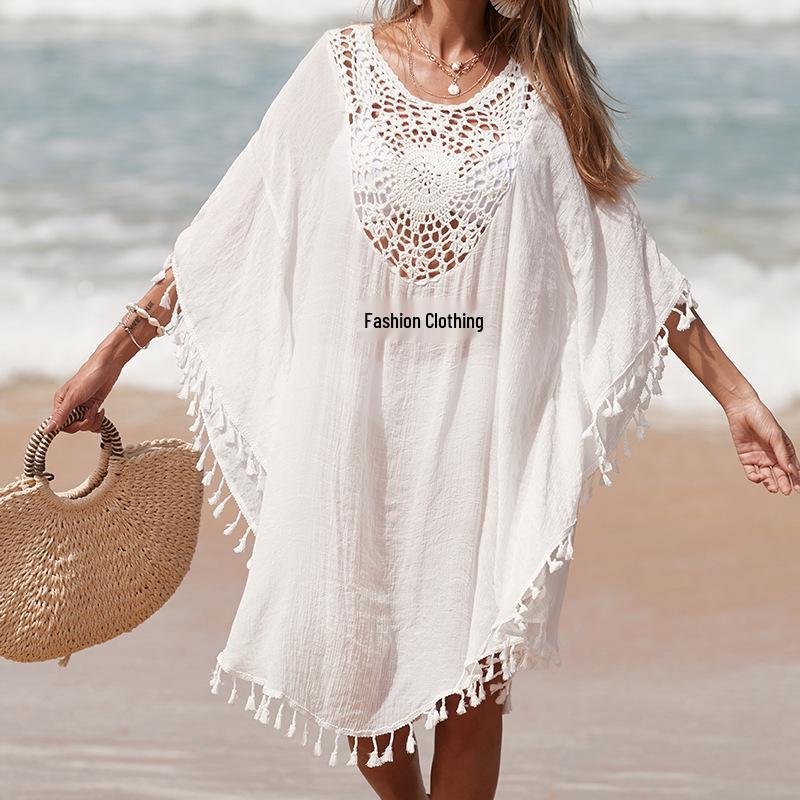 

Європейський та американський пляжний накидка: В язана гачком сукня вільного крою печворк однотонна з китицями, захист від сонця, короткий та сексуальний стиль One Size білий