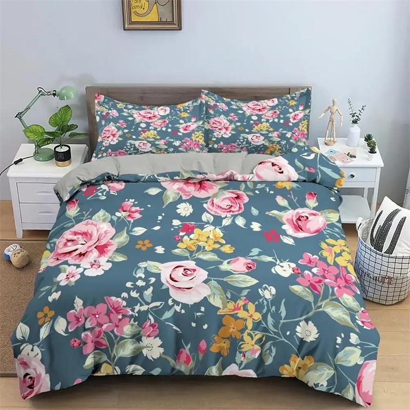 Classic Duvet Cover Sets Flower Blue Gold King,Queen,Full,Twin Double Quilt Covers Pillowcases Bed Linens Bedding Set 260x240cm