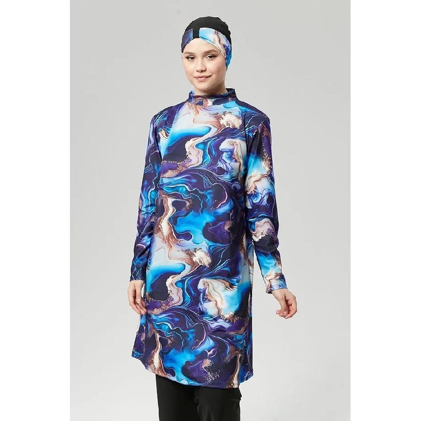 New Blue 2-piece Muslim Women's Modest Muslim Floral Print Seaside Swimwear Full Coverage Swimsuit Set Islamic Hijab Beachwear Burkini Swimsuit