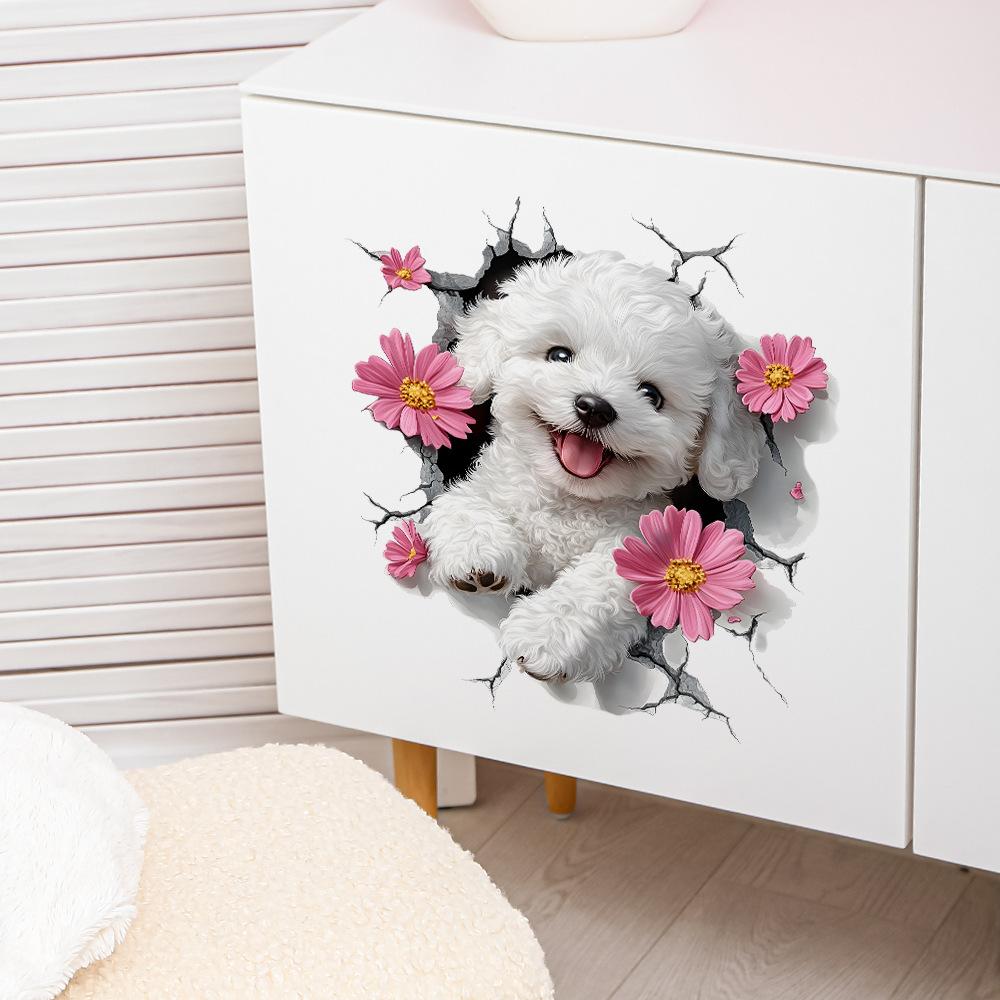 Lovely Dog & Floral Pattern Wall Decals Self-Adhesive Sticker for Living Room Bedroom Entryway Decor
