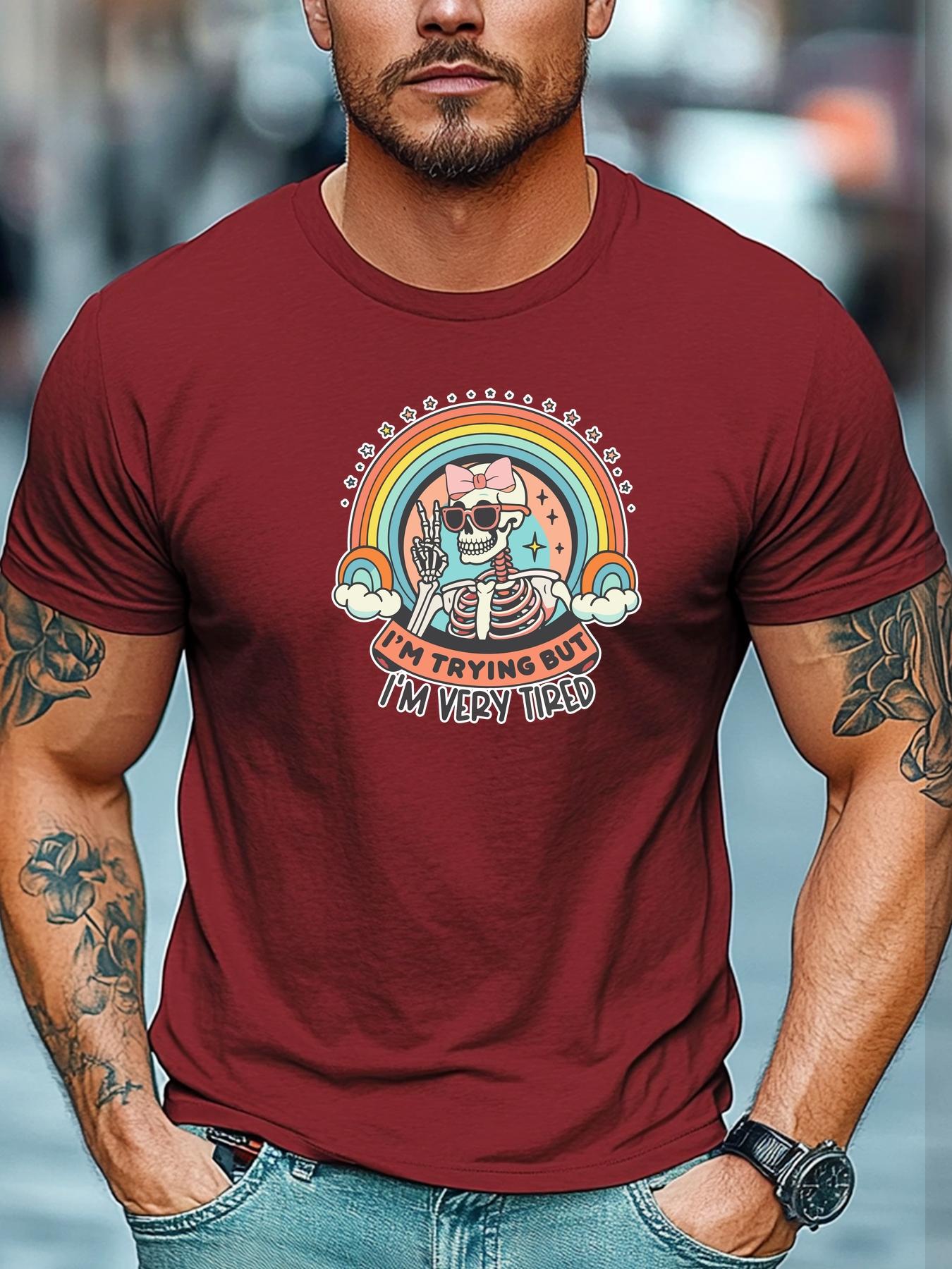 Mens Summer Funny TShirt Tired Skeleton Rainbow Print Cotton Short Sleeve Round Neck Soft Oversized Humorous Daily Wear S