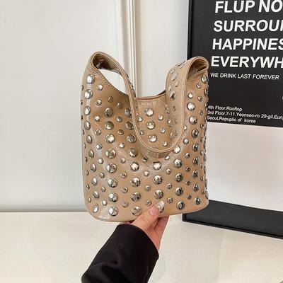 2025bags Studded Women's Bag European and American Vintage Fashion Shoulder Bag Ins New Hand-held Embroidery Bucket Bag