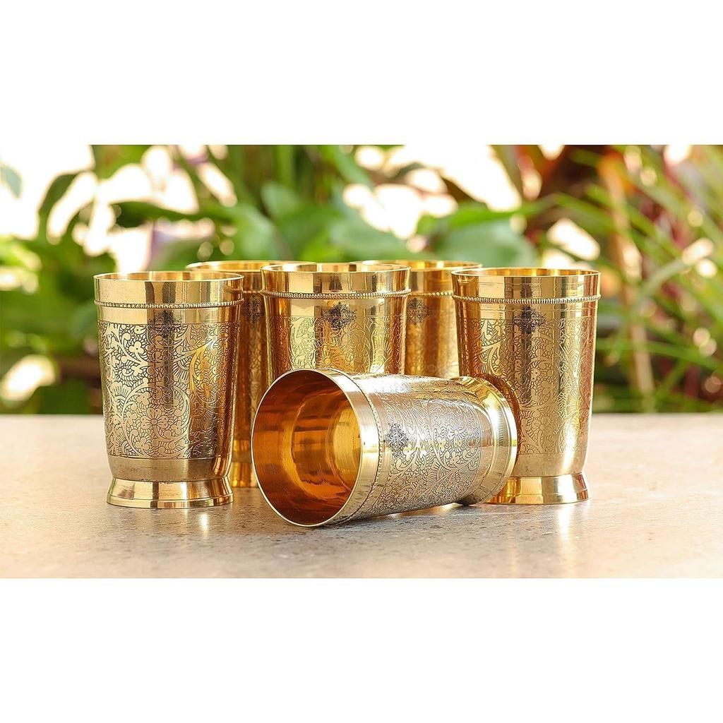 Pure Brass Glass Tumbler with Embossed Design, for Drinking Serving Water, Yoga & Ayurveda, Volume-300 ML, Set of 6