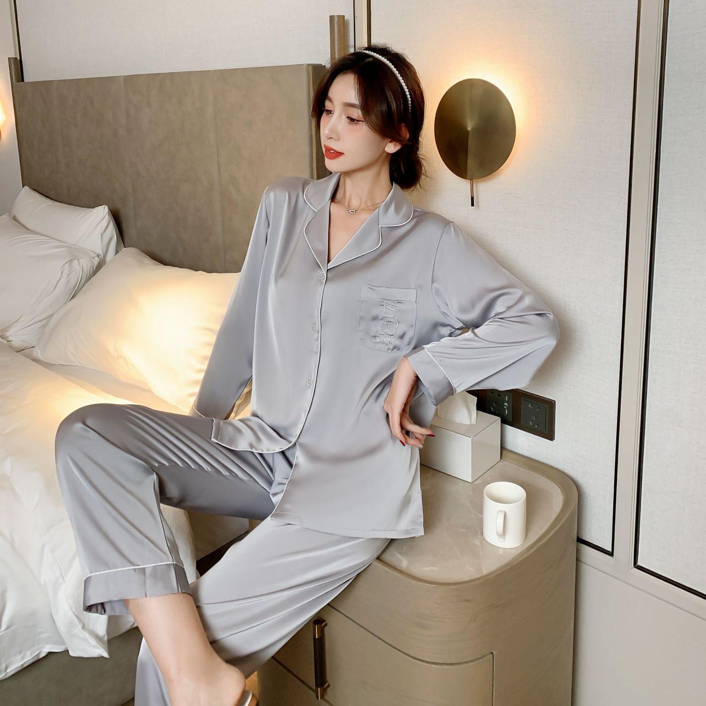 

Женская мода весна и осень домашняя одежда из ледяного шелка 2 предмета с длинным рукавом и длинными брюками пижамный комплект женская домашняя одежда M серебряный серый