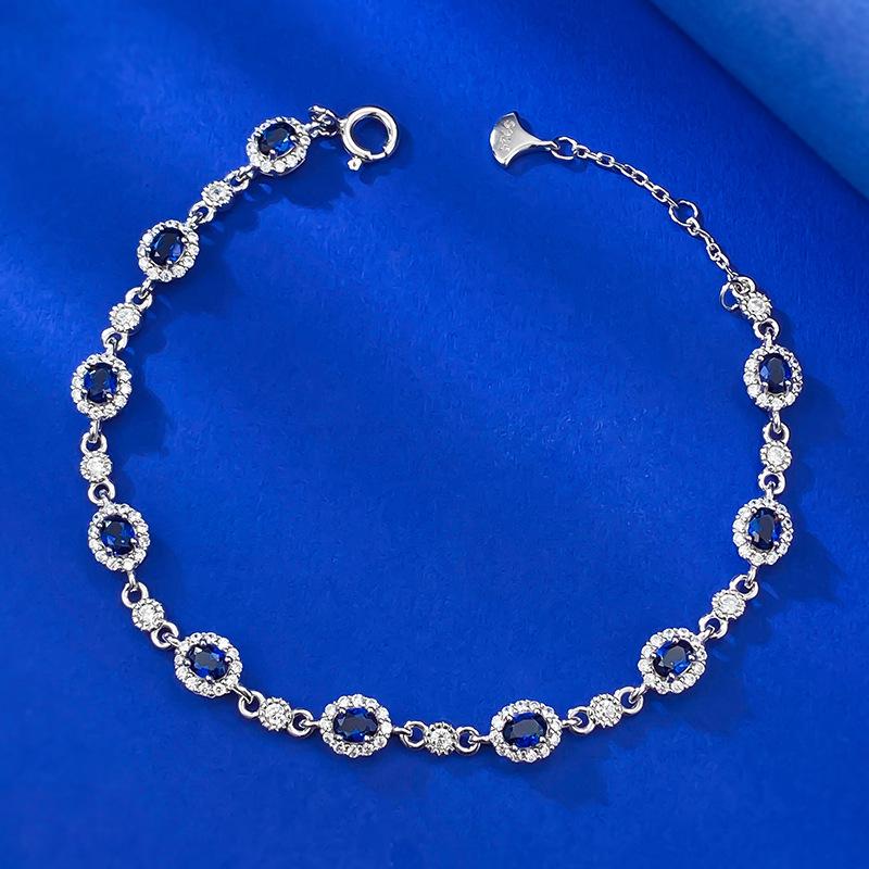 Zhuozhifan S925 Sterling Silver Simulated Sapphire & Diamond Oval Bracelet for Women, Adjustable, Chinese Style.