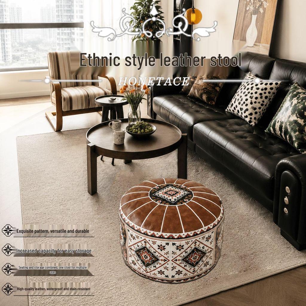 Retro Ethnic Leather Storage Footstool: Round, Multifunctional Shoe Changing Stool for Living Room