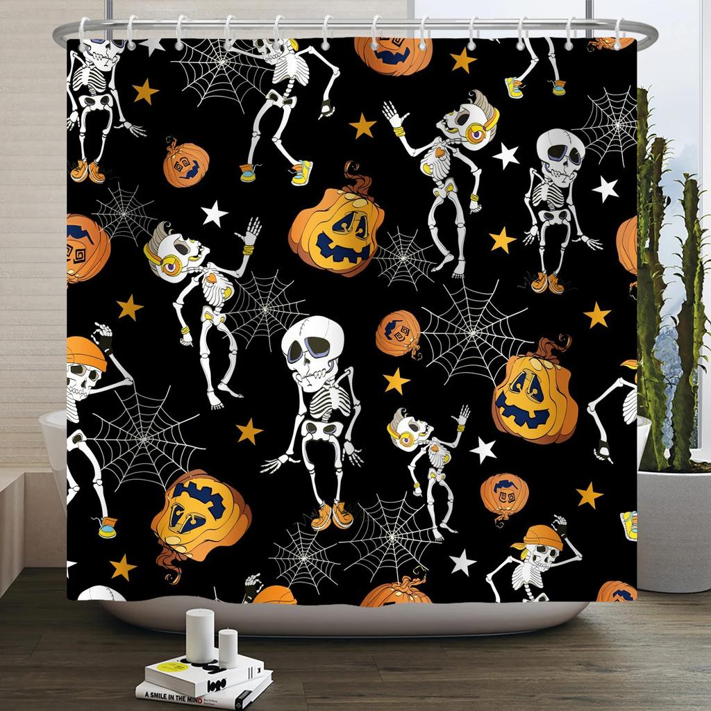 Halloween Shower Curtain Funny Horror Pumpkin Bat Cartoon Cat Happy Halloween Bathroom Curtain for Kids Waterproof Bath Curtain
