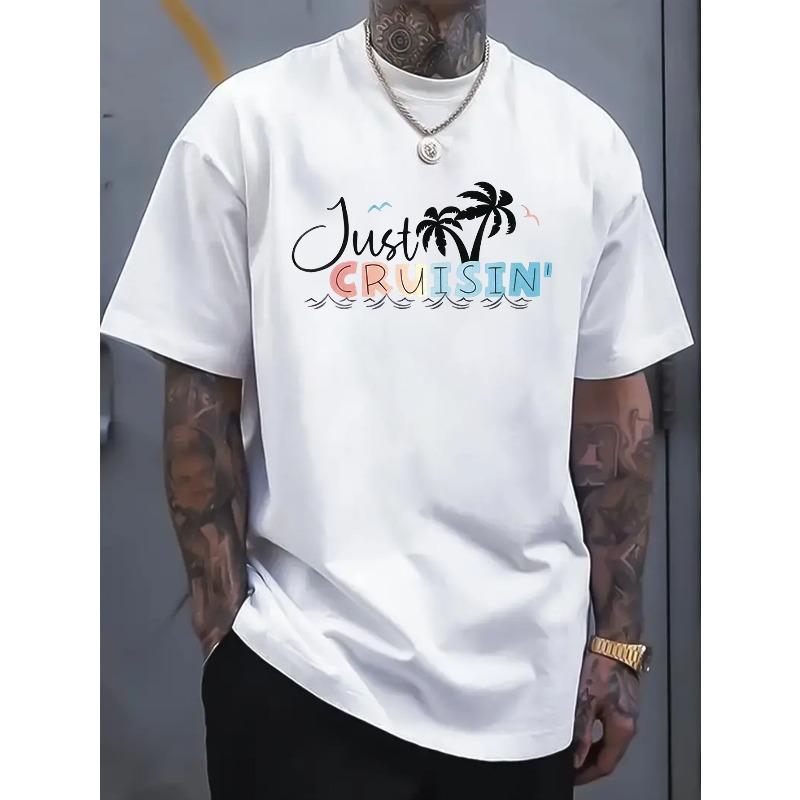 

European sizes Men S Clothing ,Just Cruisin Print T-Shirt, Short Sleeve Casual Top, Crew Neck Short Sleeve Comfort Tee Top 4XL білий