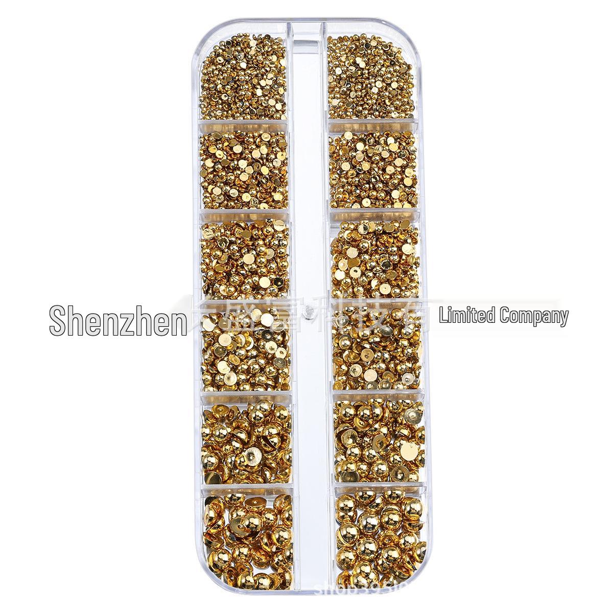 12-Grid Gold Nail Art Rhinestones & Half Pearls