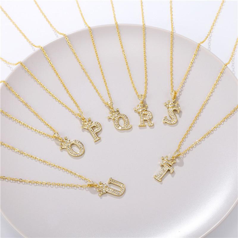 Fashion Cubic Zirconia Crown Letter Pendant Necklace Gold Hip Hop Punk Alphabet Jewelry