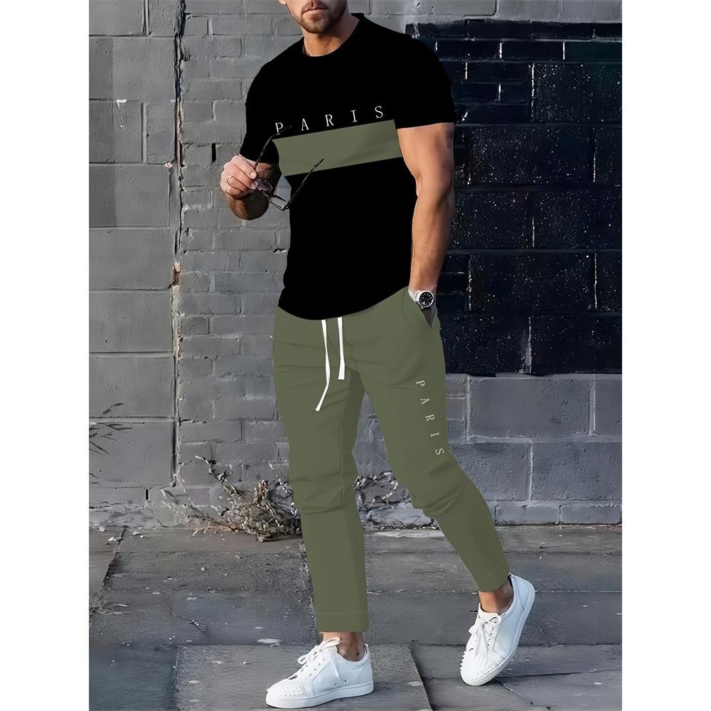 Color Block Letter Men's Set, Three-color Patchwork Short-sleeved Shirt And Long Pants, Simple And Casual