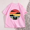 Schwarze Katze Sonnenuntergang T-Shirt Vintage Grafik Unisex T-Shirt Coole Streetwear Unisex T-Shirts Lässig Hohe Qualität Baumwolle Y2k Kleidung
